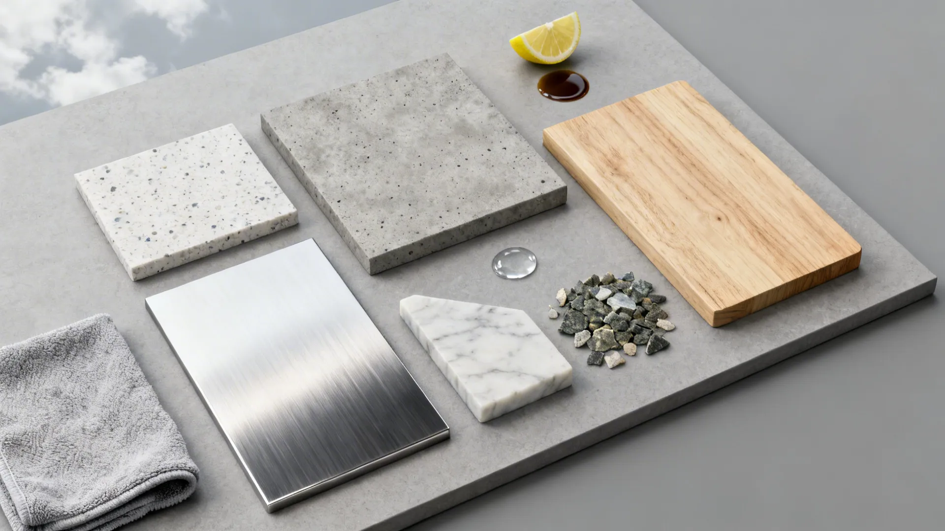 Flat-lay of quartz, sintered stone, stainless, butcher block, granite, and marble samples.