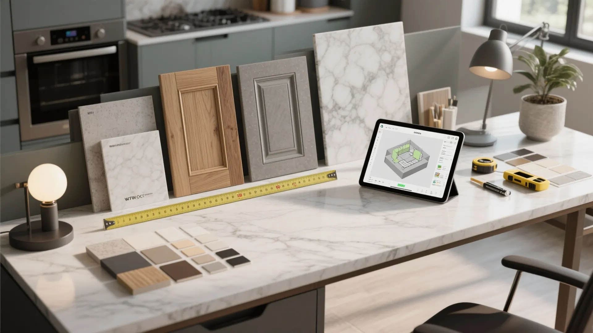 Kitchen design workplace with tablet showing 3D layout plus wood panels and stone material samples