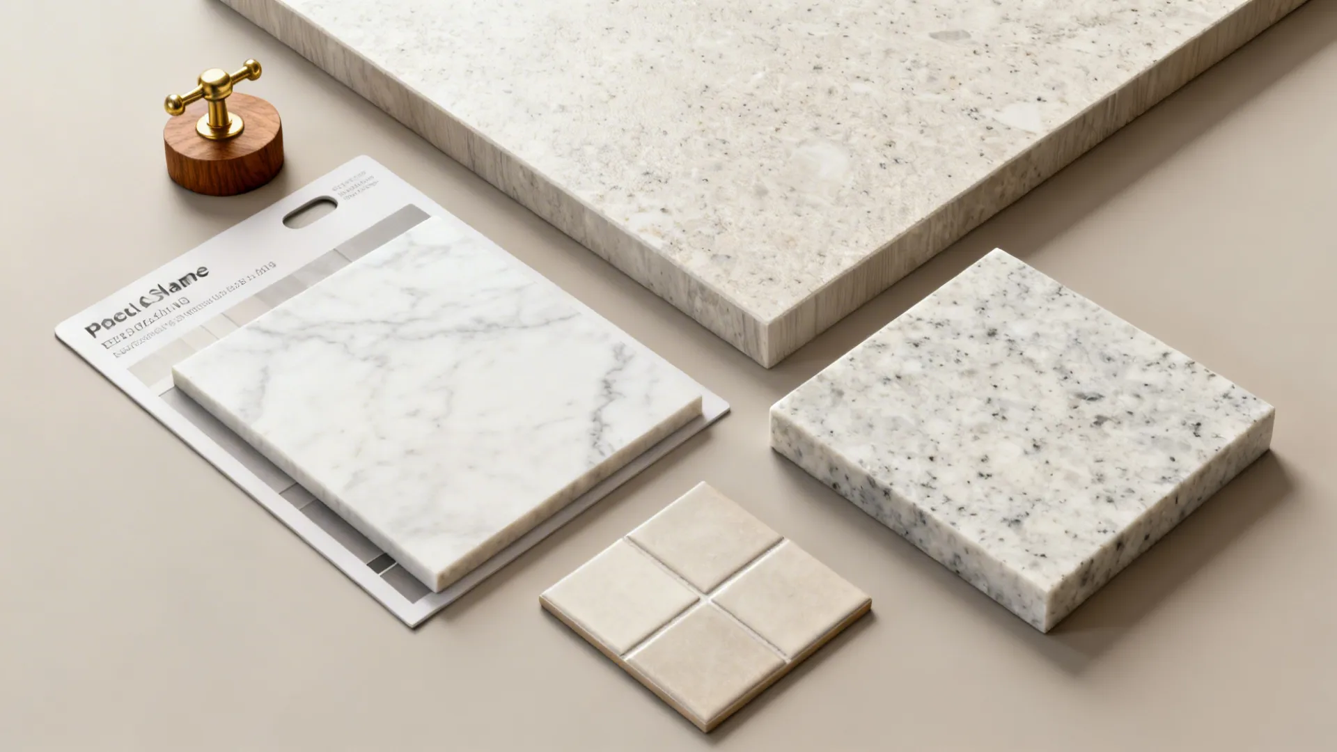 Flatlay of budget-friendly countertop samples like quartz-look laminate and porcelain slab with hardware accents