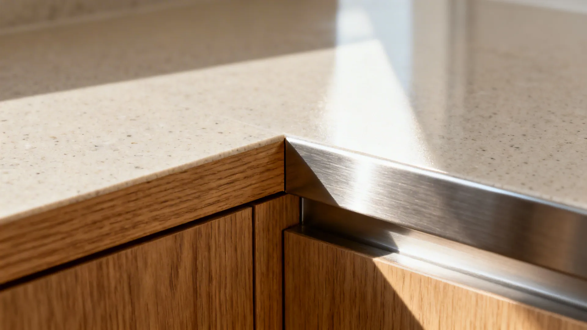 Macro close-up of a precise L-shaped countertop joint with matched grain and a clean matte surface.