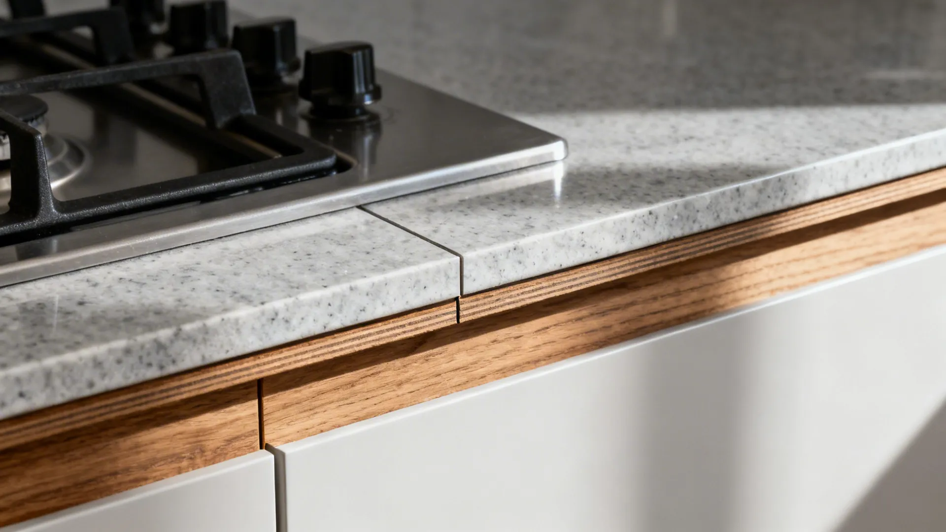 Macro of a quartz countertop seam placed away from a cooktop for durability.