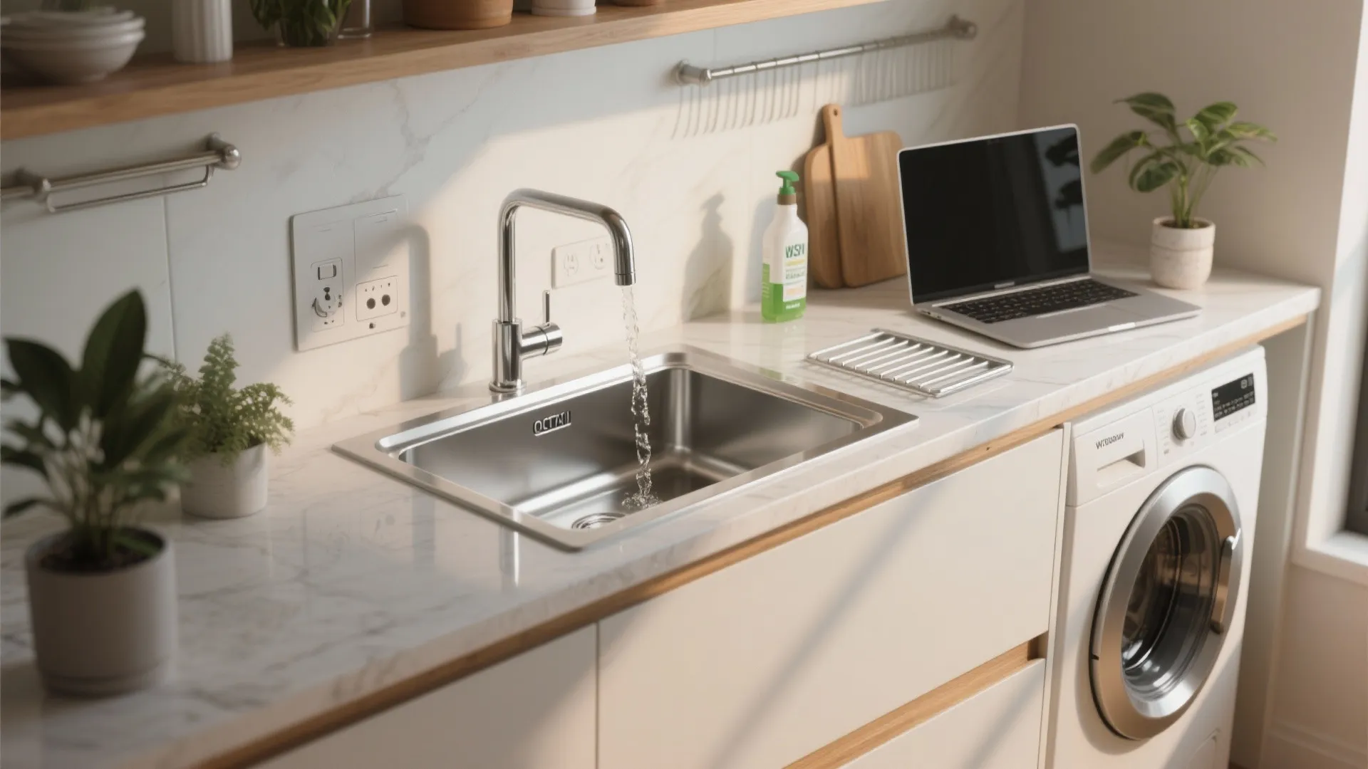 White kitchen counter with water pouring into metal sink next to a laptop and plants