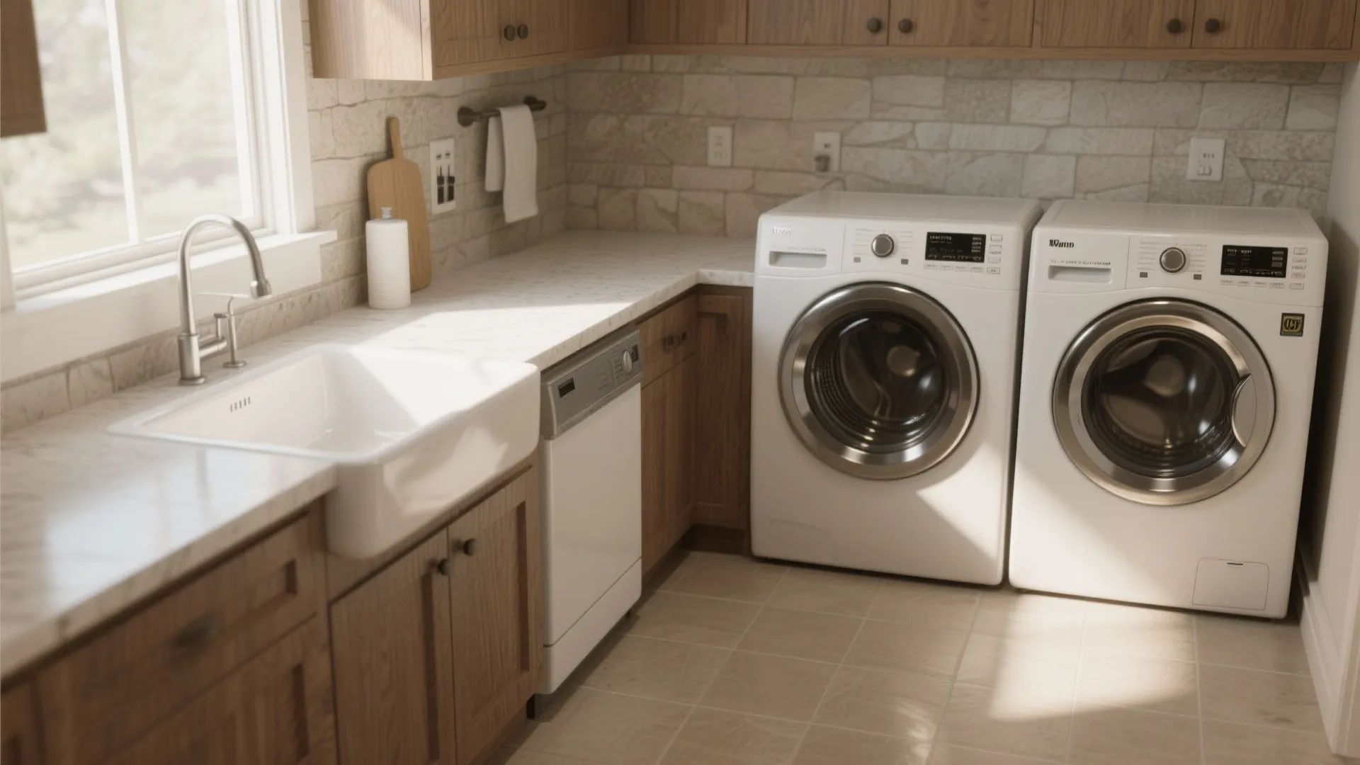 Laundry room with wooden cabinets white sink and two white washing machines side by side