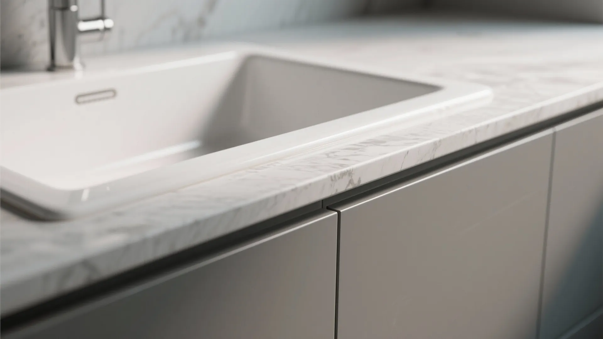 Close-up of a white drop-in sink edge with a thin countertop backsplash and sealant.