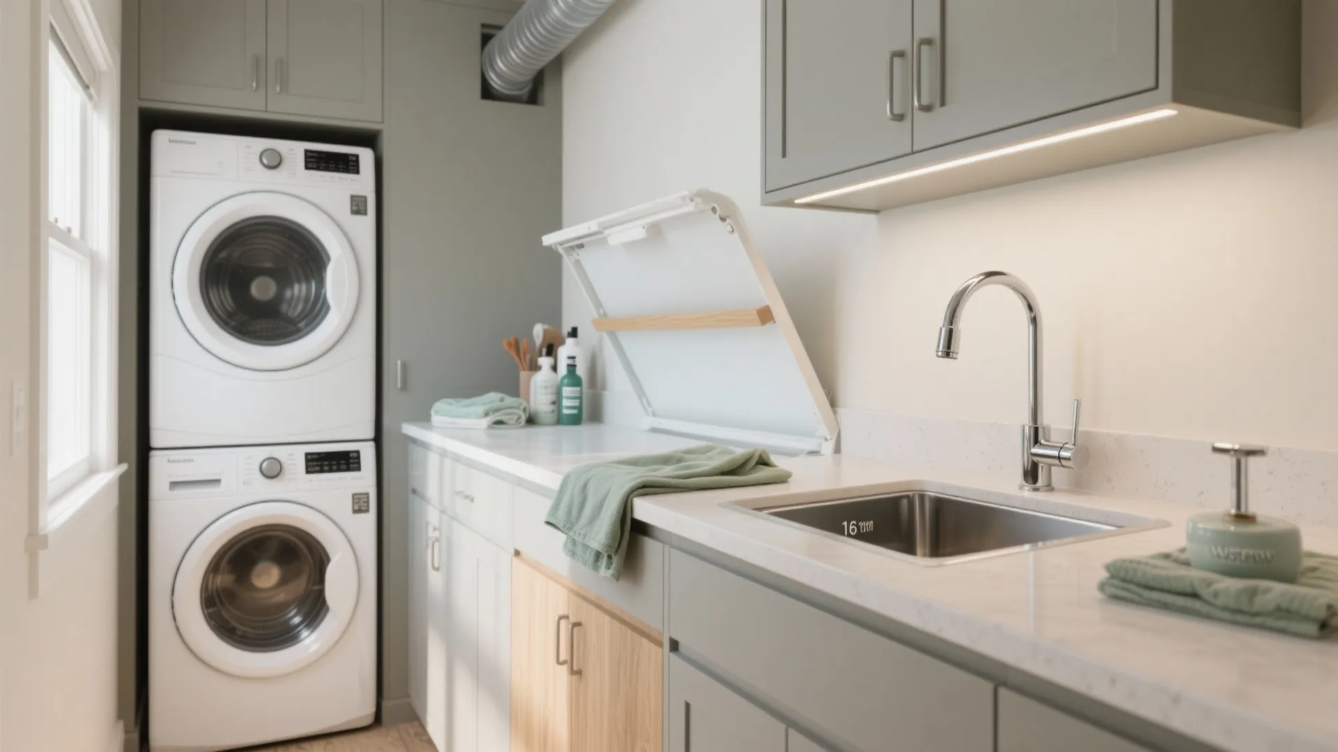 Laundry nook with a slim folding counter, compact bar sink, wall-mount faucet, and clear dryer exhaust space.