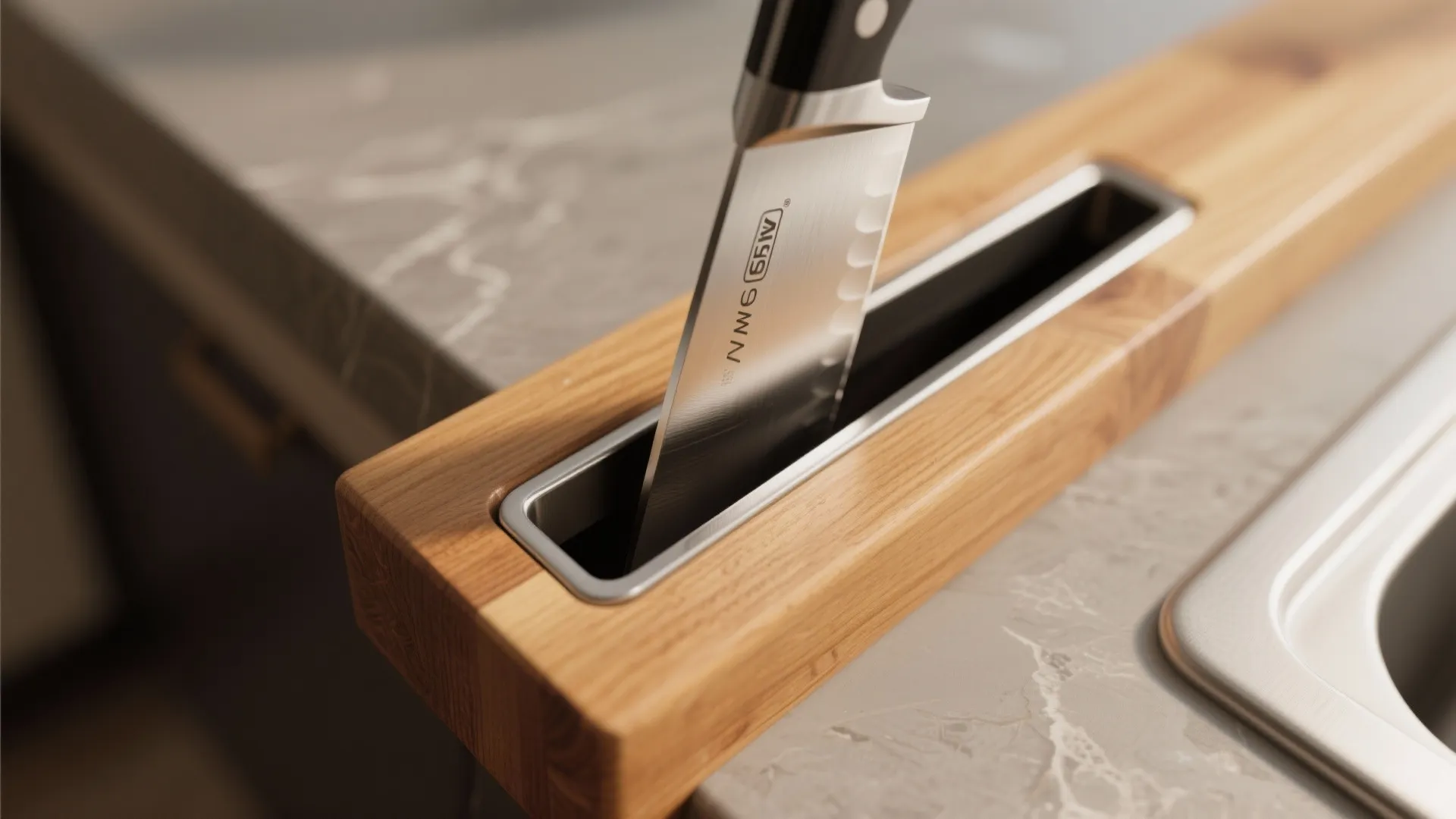 Close up of a knife being placed into a wooden storage slot on a marble countertop