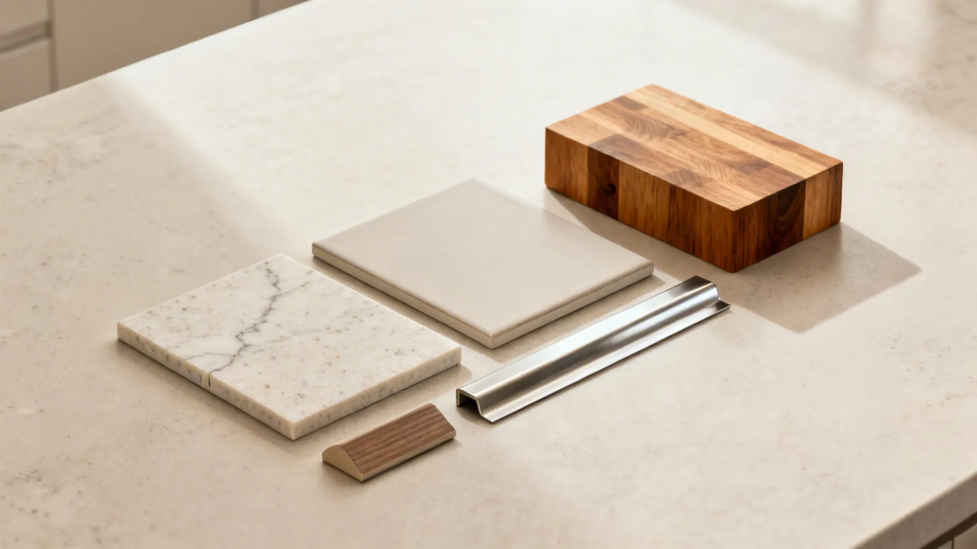 Material board with light quartz, porcelain slab, zellige tiles, laminate, and butcher block samples.