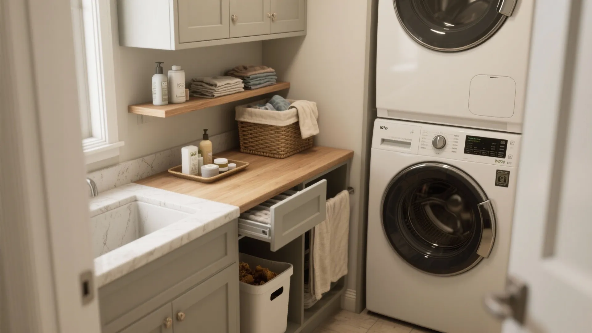 Organized laundry room with washing machine stack wooden counter white sink and grey wall cabinets