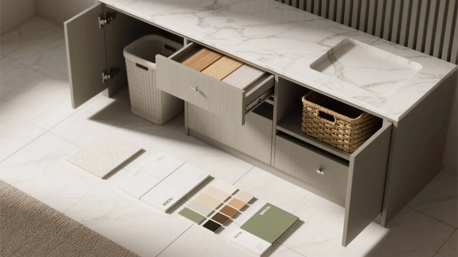 Modern bathroom cabinet with marble top showing wood samples in open drawer and woven baskets