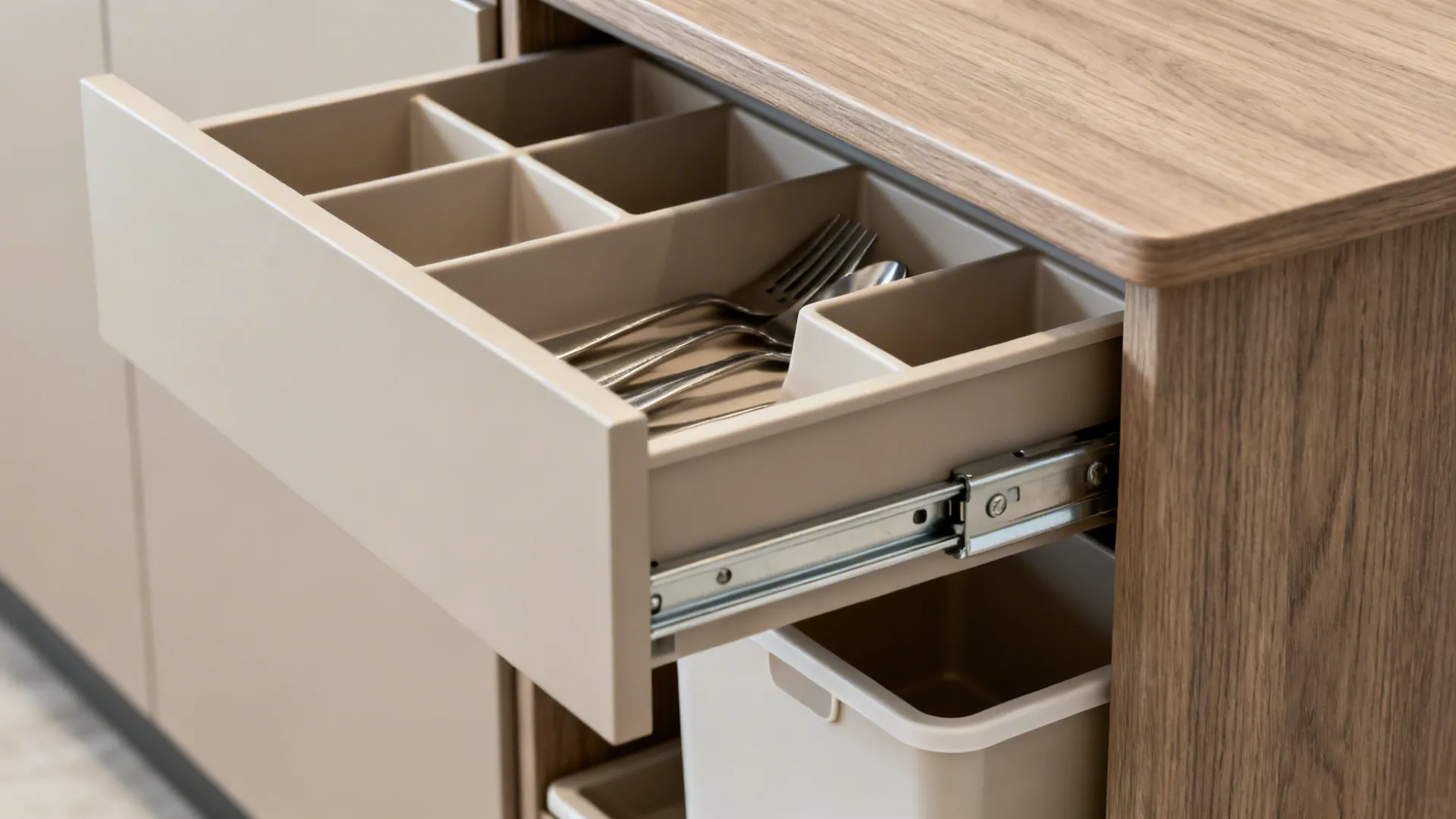 Close-up of a counter-height table’s drawer and pull-out bins with durable finishes.