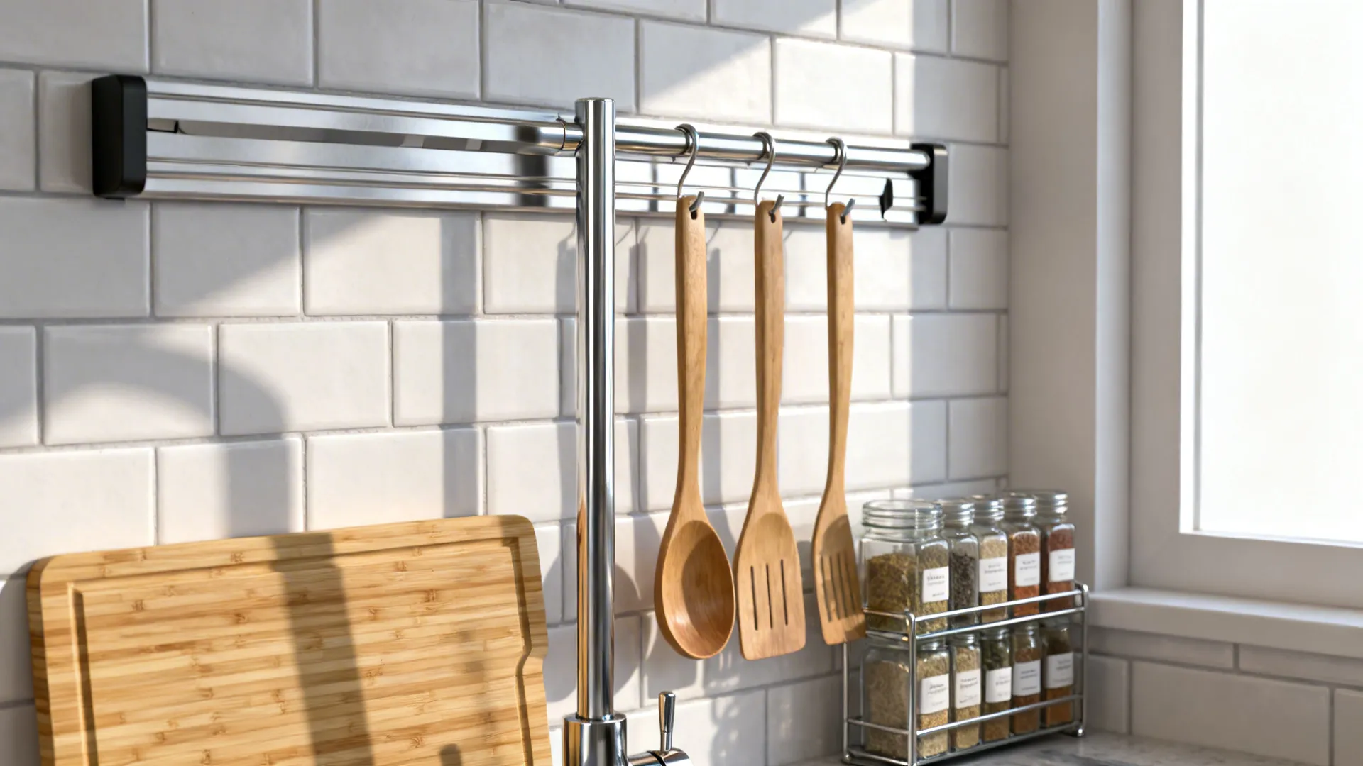 Counter storage solutions: magnetic knife strip, vertical rail and removable cutting board in a small kitchen