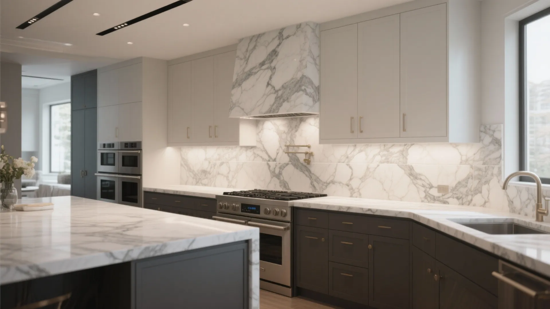 Modern kitchen with white marble wall, dark grey cabinets, large island, and built-in wall ovens