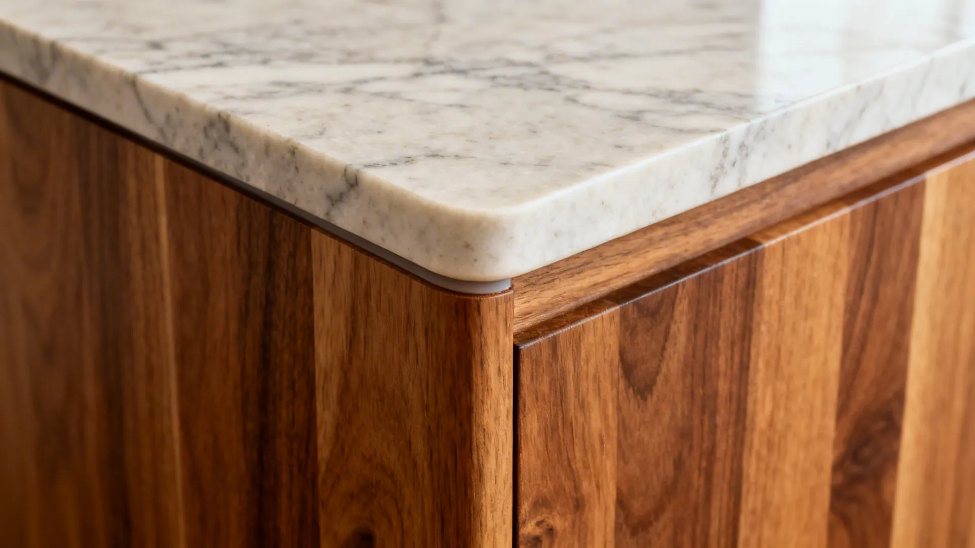 Macro of aligned butcher block and stone countertop seam with eased corner detail.