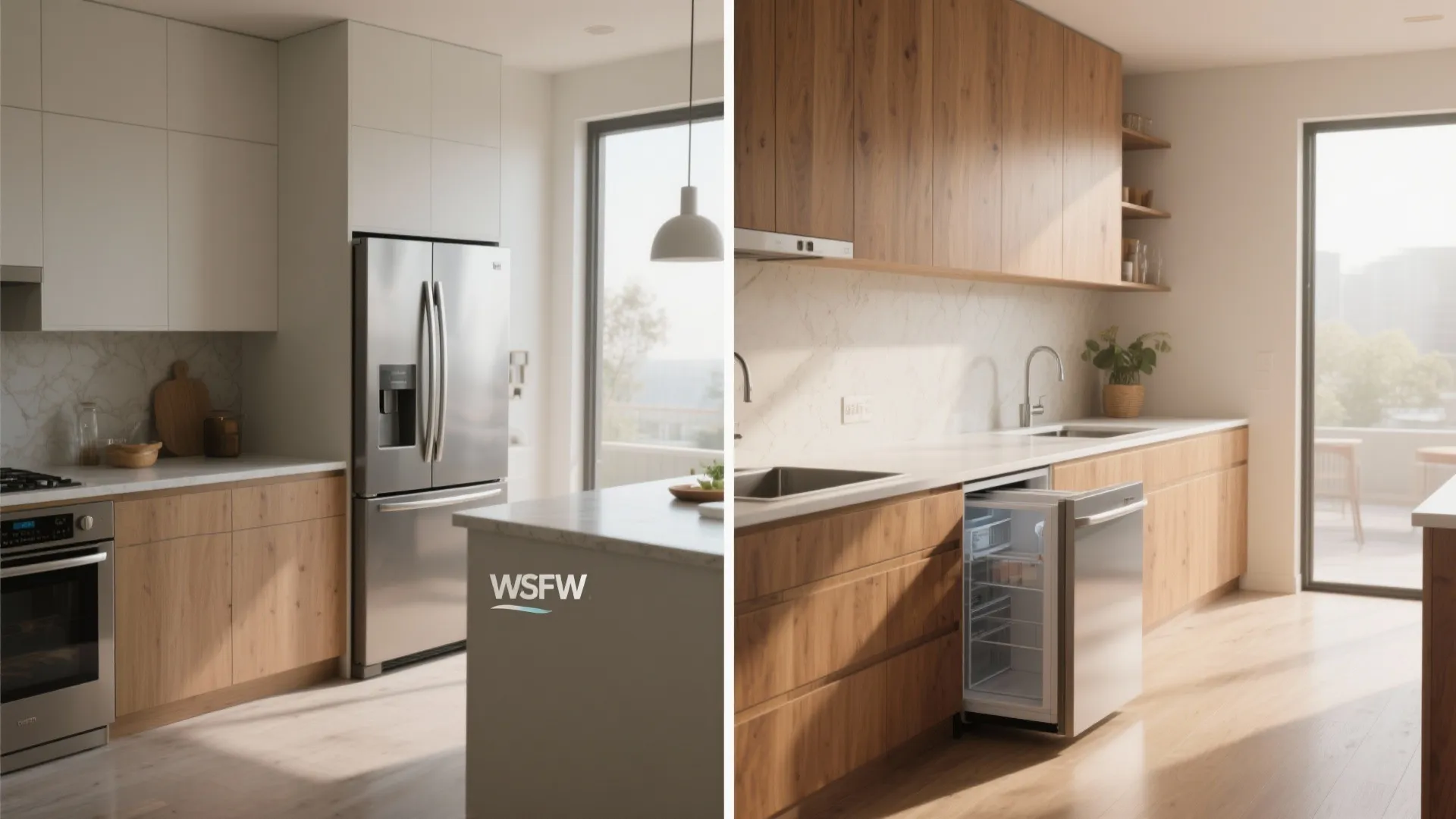 Modern kitchen with large stainless steel fridge and small under counter fridge in wood cabinets