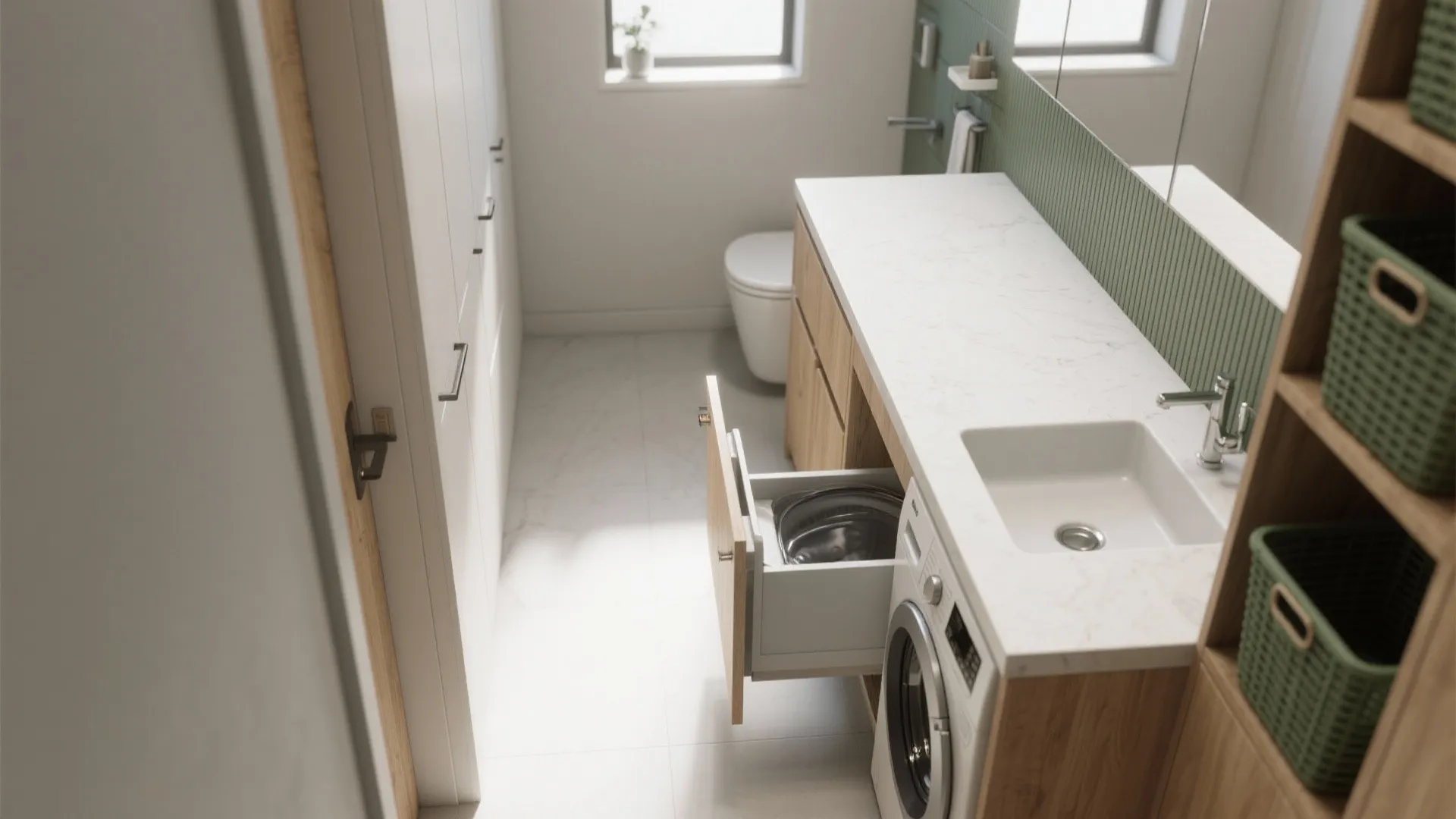 5. Countertop sink with under-counter washer + narrow storage wall