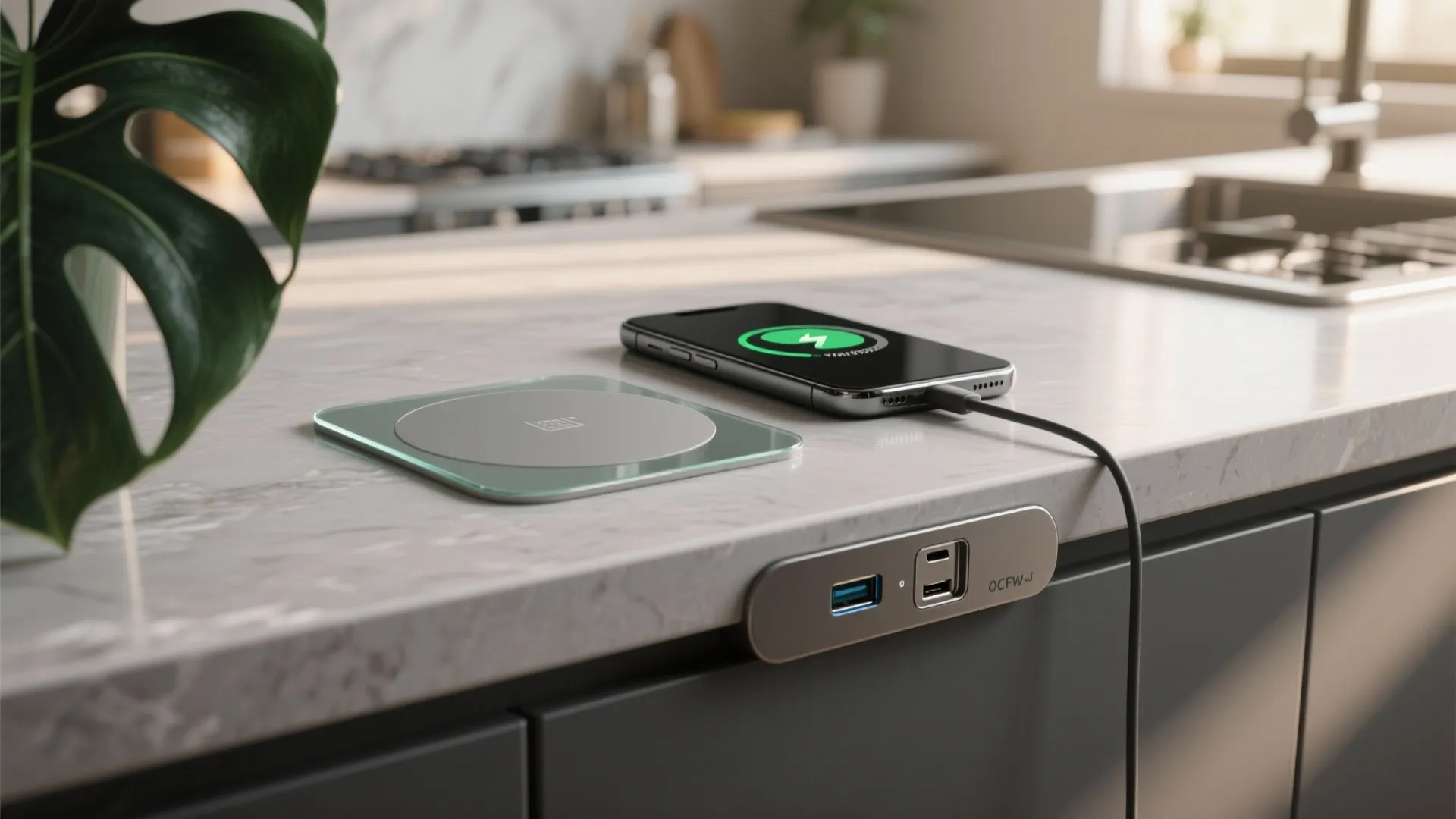 Smartphone charging on marble counter with side power strip containing USB ports in modern kitchen