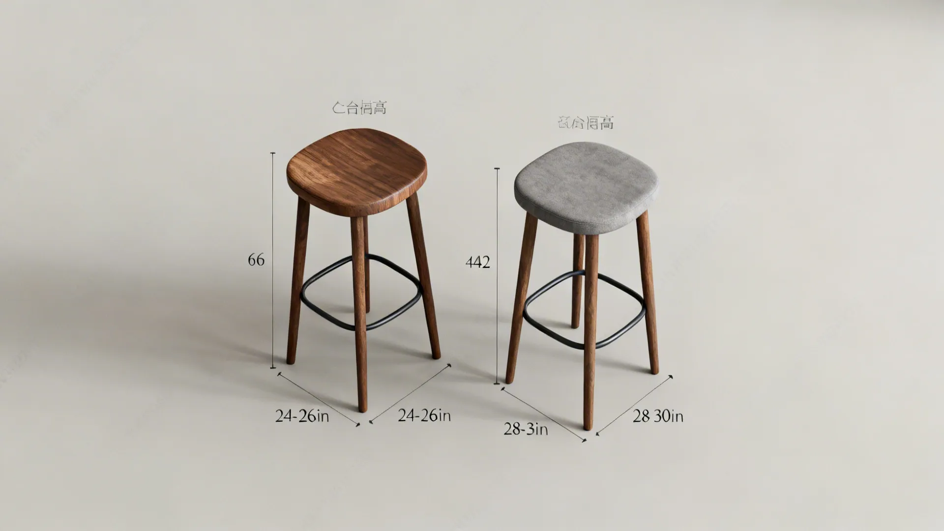 Top-down comparison of counter-height and bar-height stool setups with realistic proportions.