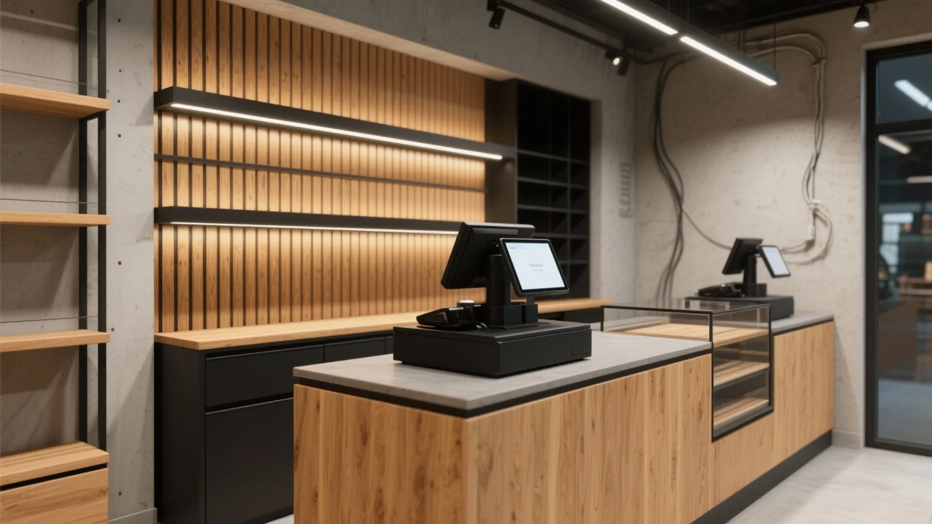 Retail checkout area featuring wooden wall panels with shelf lights and black metal storage cabinets