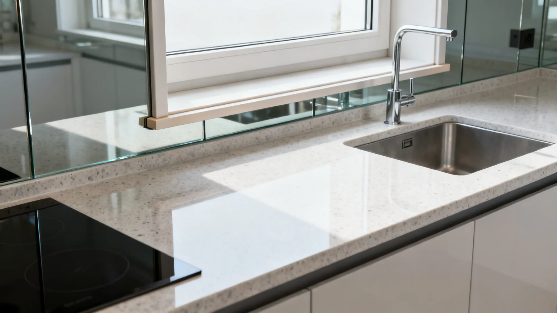 Quartz counter seamlessly returning into a window niche with shadow reveal and reflective glass backsplash.