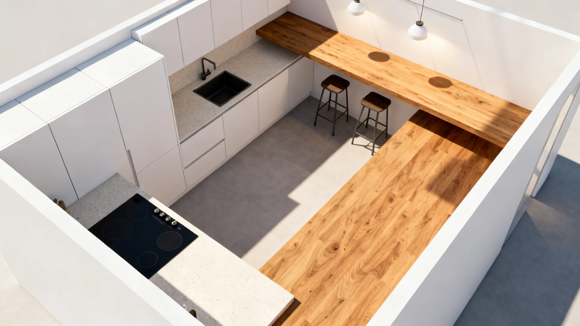 Interior design drawing showing kitchen layout with white cabinets black sink wooden table and two stools