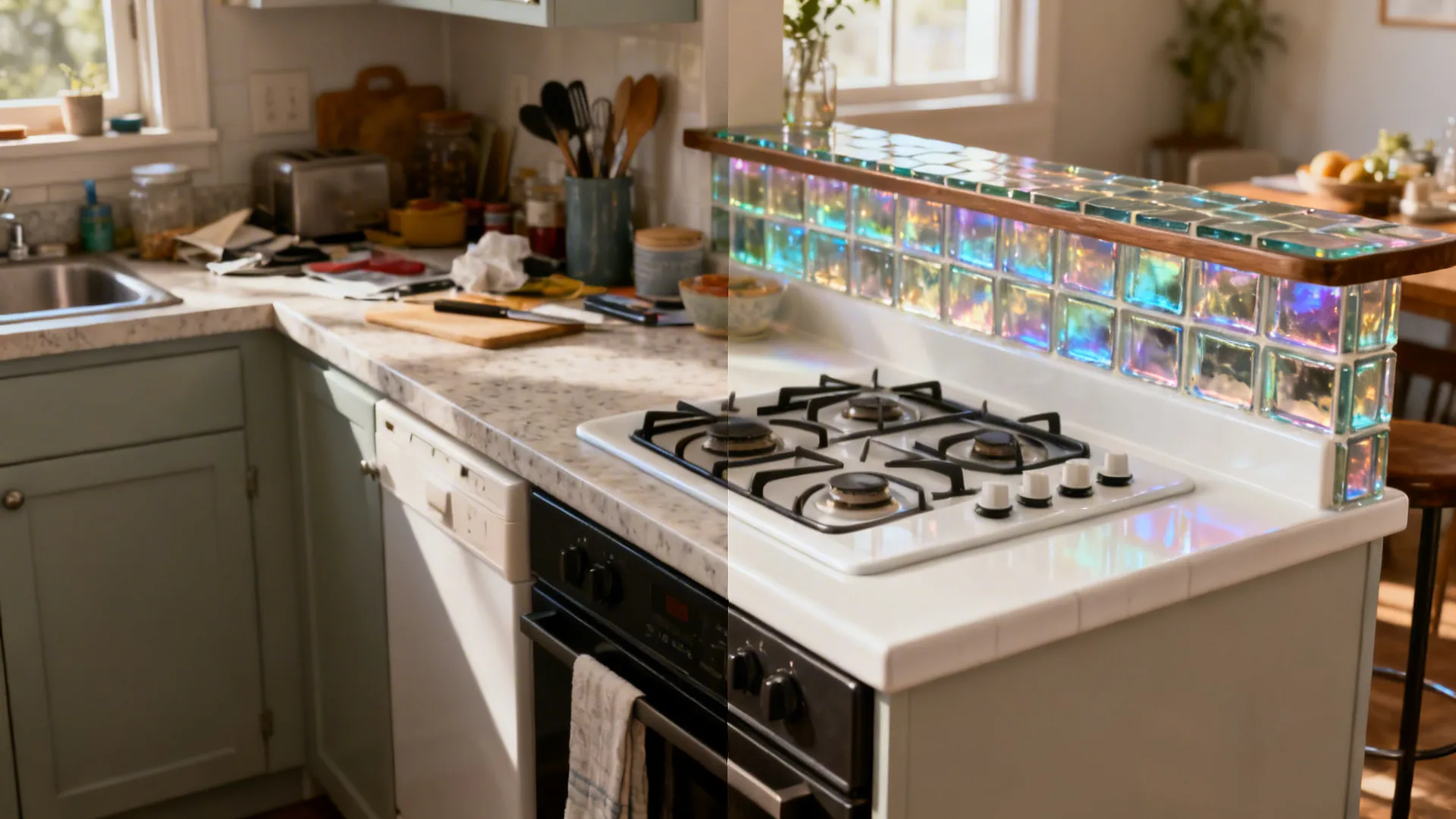 Split view showing a countertop before and after zoning with porcelain and glass tiles.