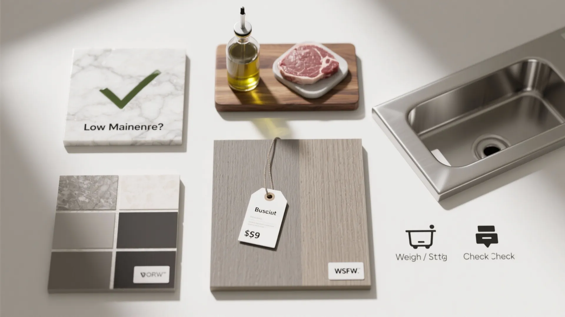 Material samples showing marble tile, wood board with price tag, color tiles, and kitchen sink