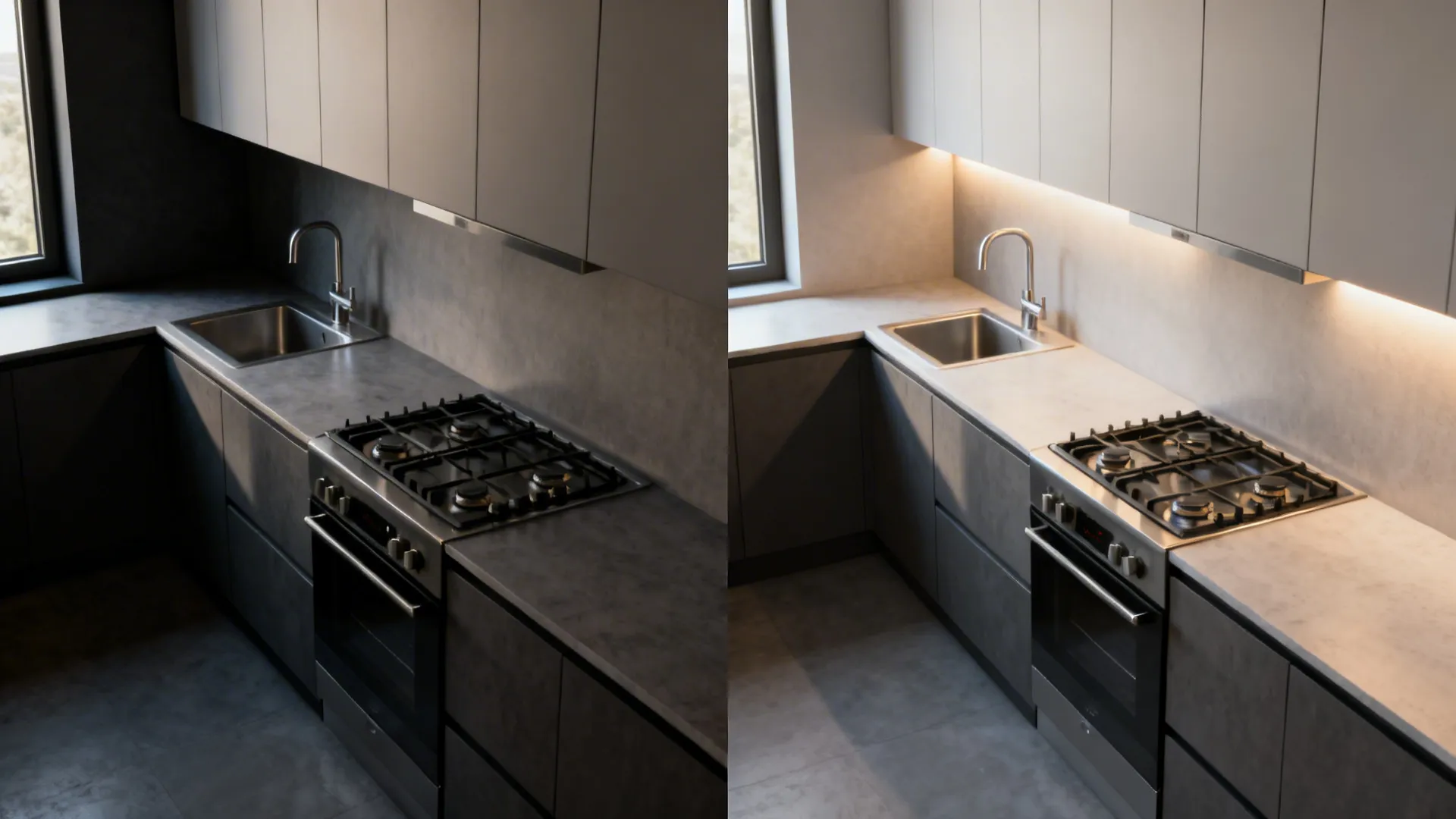 Before-and-after of an L-shaped kitchen showing increased counter space with a re-zoned sink and cooktop.