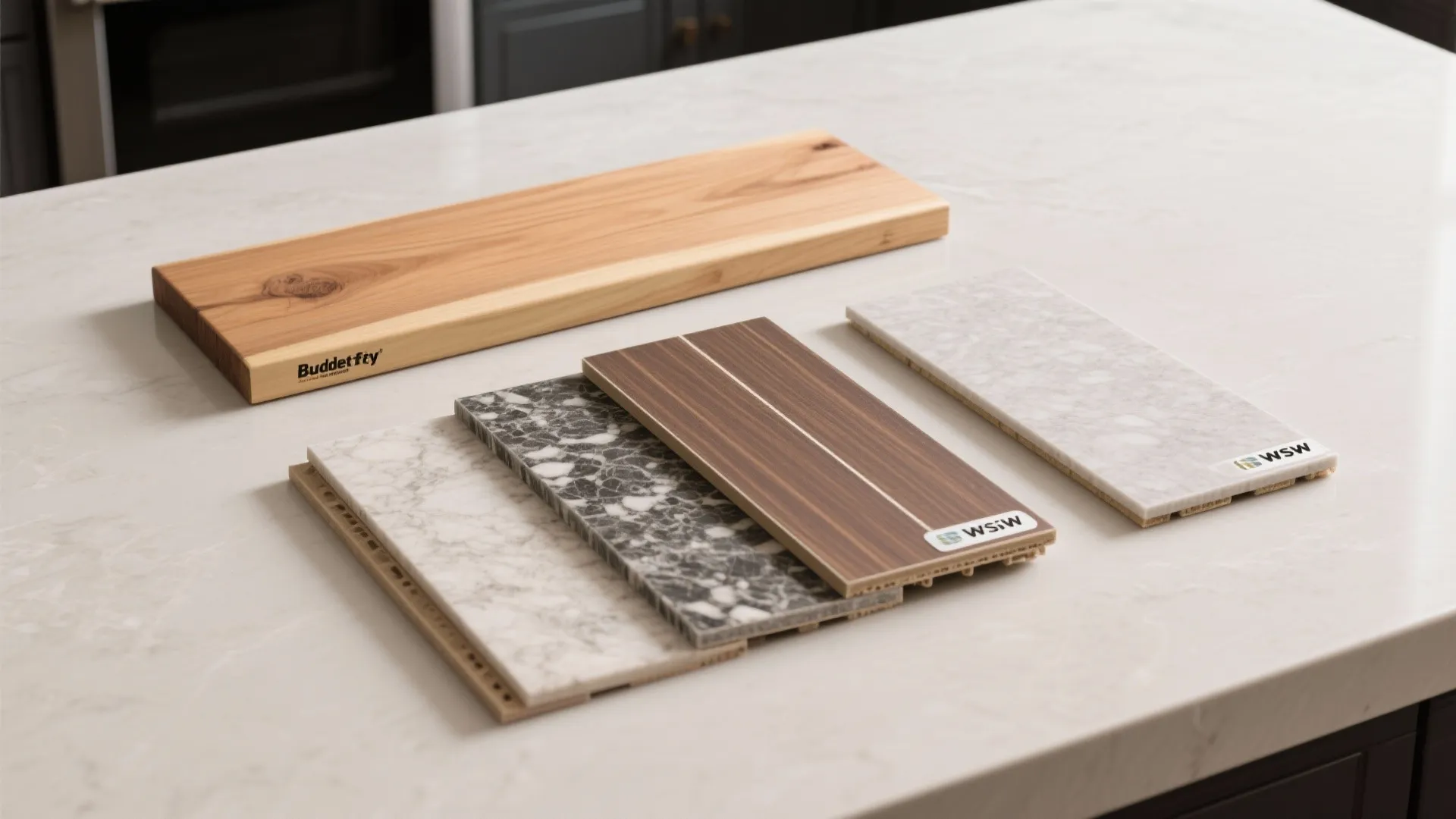 Samples of wood and stone materials for kitchen countertop design displayed on a white surface