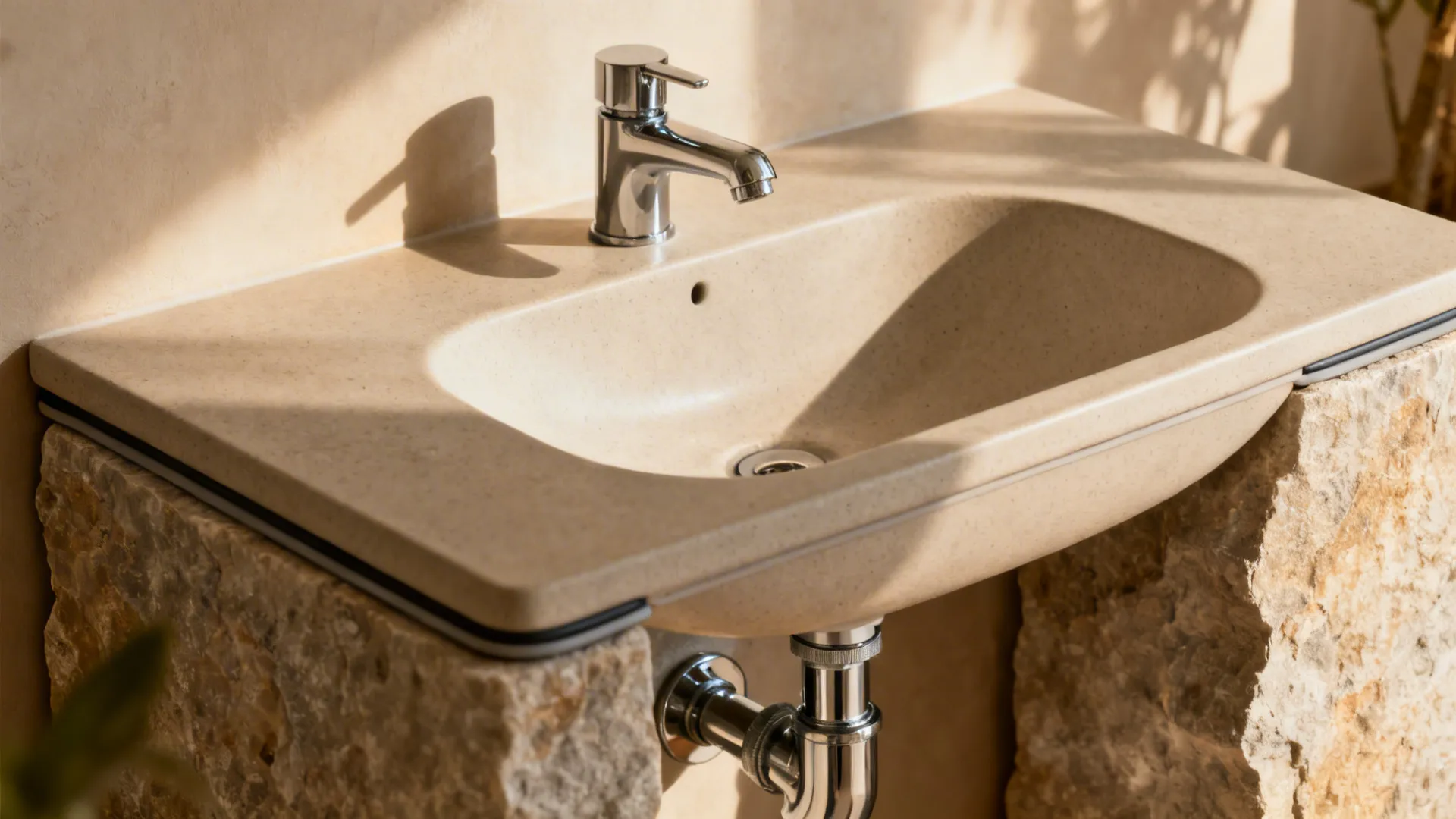 Close-up of a matte ceramic countertop basin on stone with a short faucet and chrome trap.