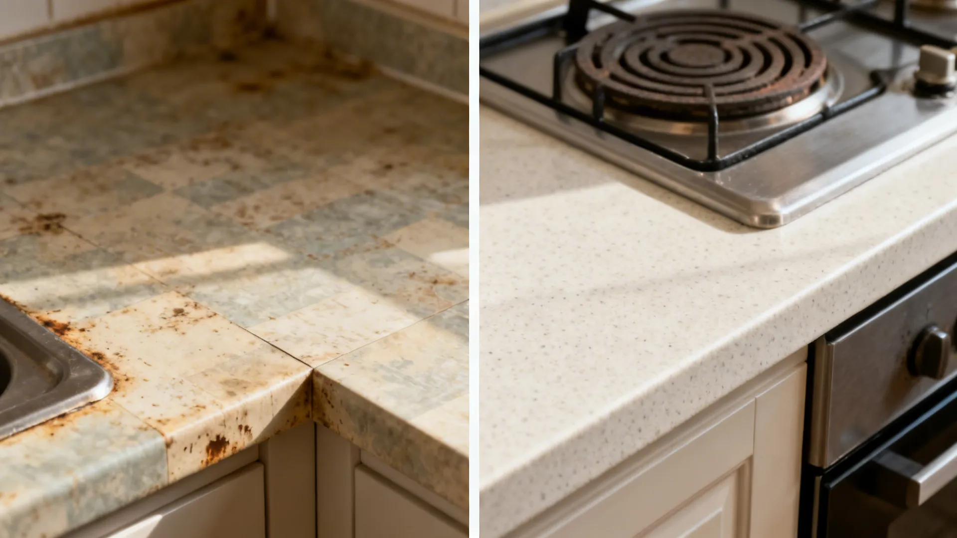 Split view comparing old laminate counter and new light quartz surface in a compact kitchen.