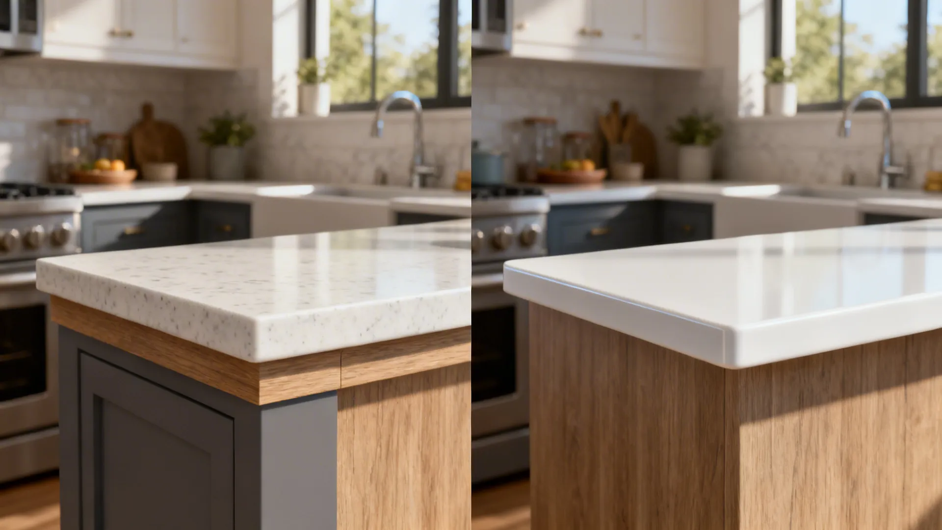 Split view comparing a thick 40mm counter edge to a sleek 20mm thin-profile porcelain edge in the same kitchen.