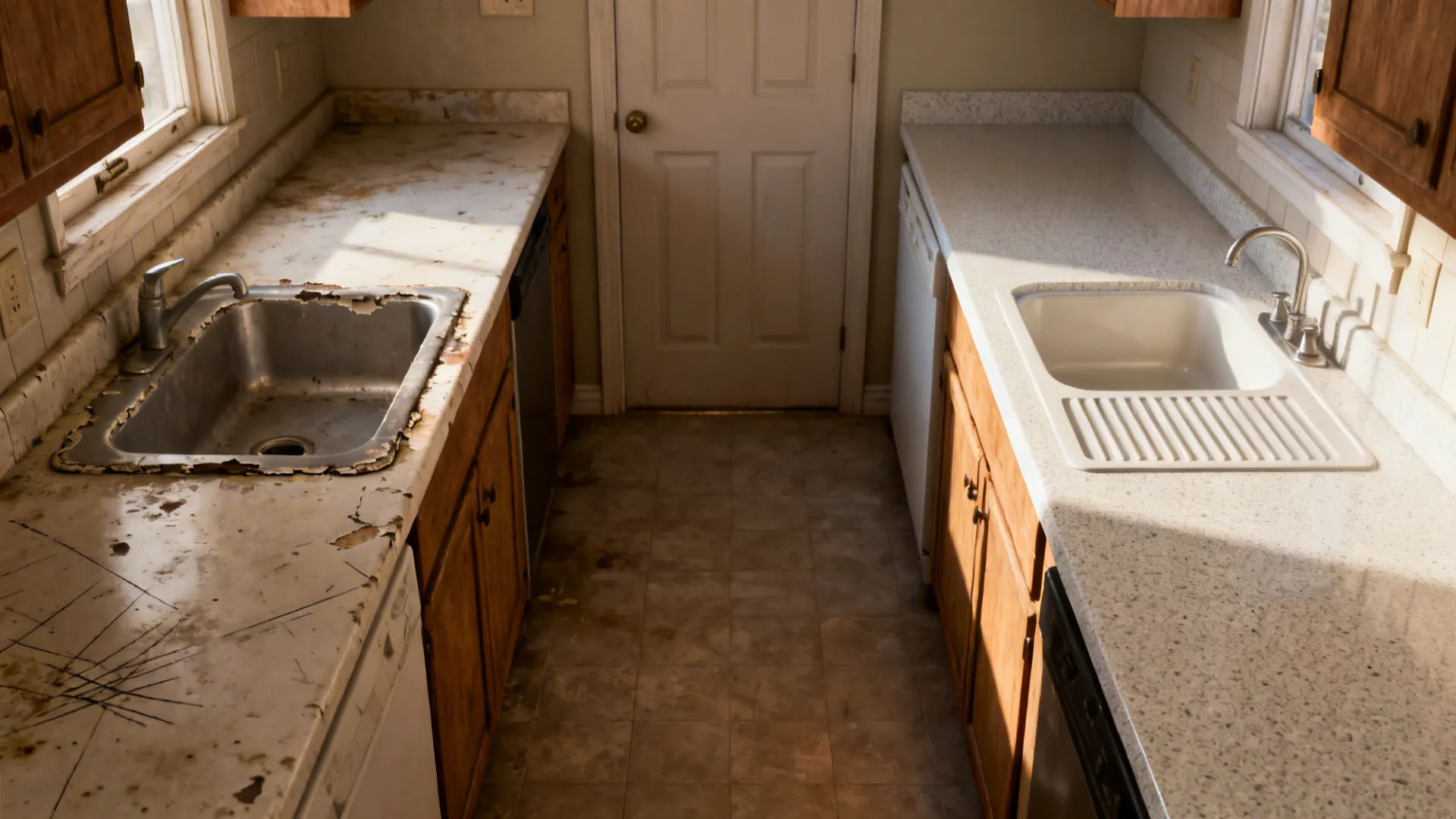 Before and after split of a small kitchen showing old countertop and new quartz with undermount shallow sink