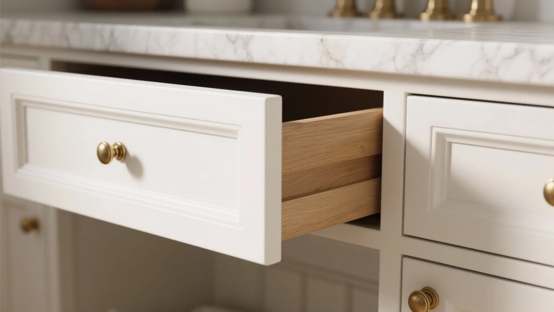 4. Shaker vanity with contrasting countertop and brass hardware