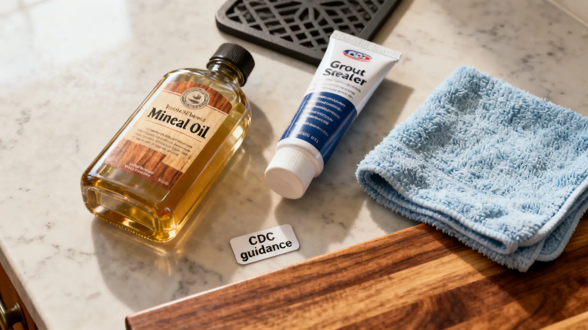 Close-up of countertop care items: mineral oil, grout sealer, cloth, and trivet for maintenance tips.