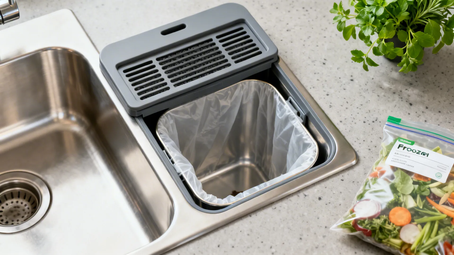 Macro view of a small ventilated countertop compost caddy with charcoal filter near the sink.