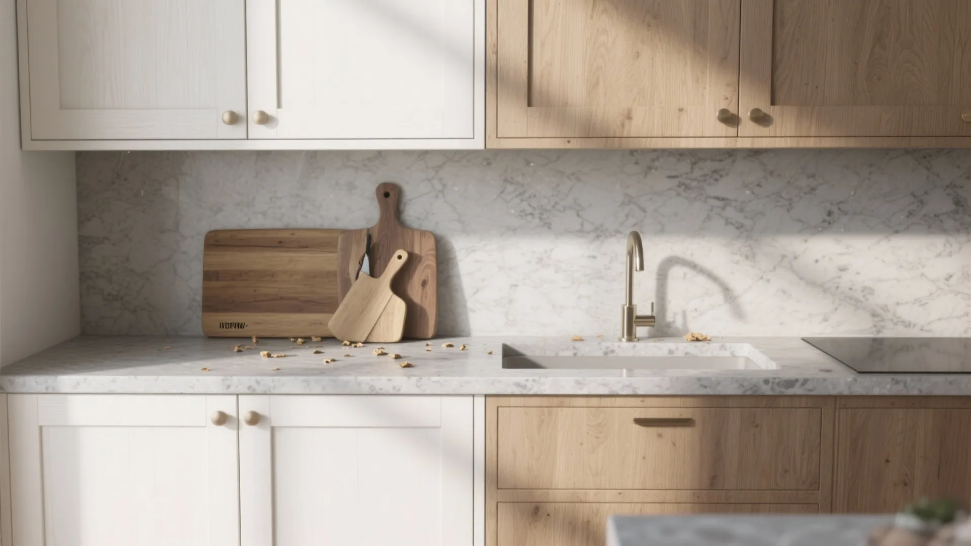 Mid-tone wood and honed gray quartz countertops paired with white cabinets