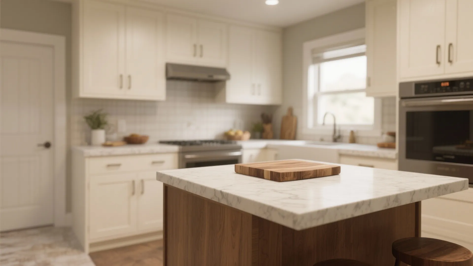 Modern kitchen with white cabinets marble countertops a wooden island and a small cutting board