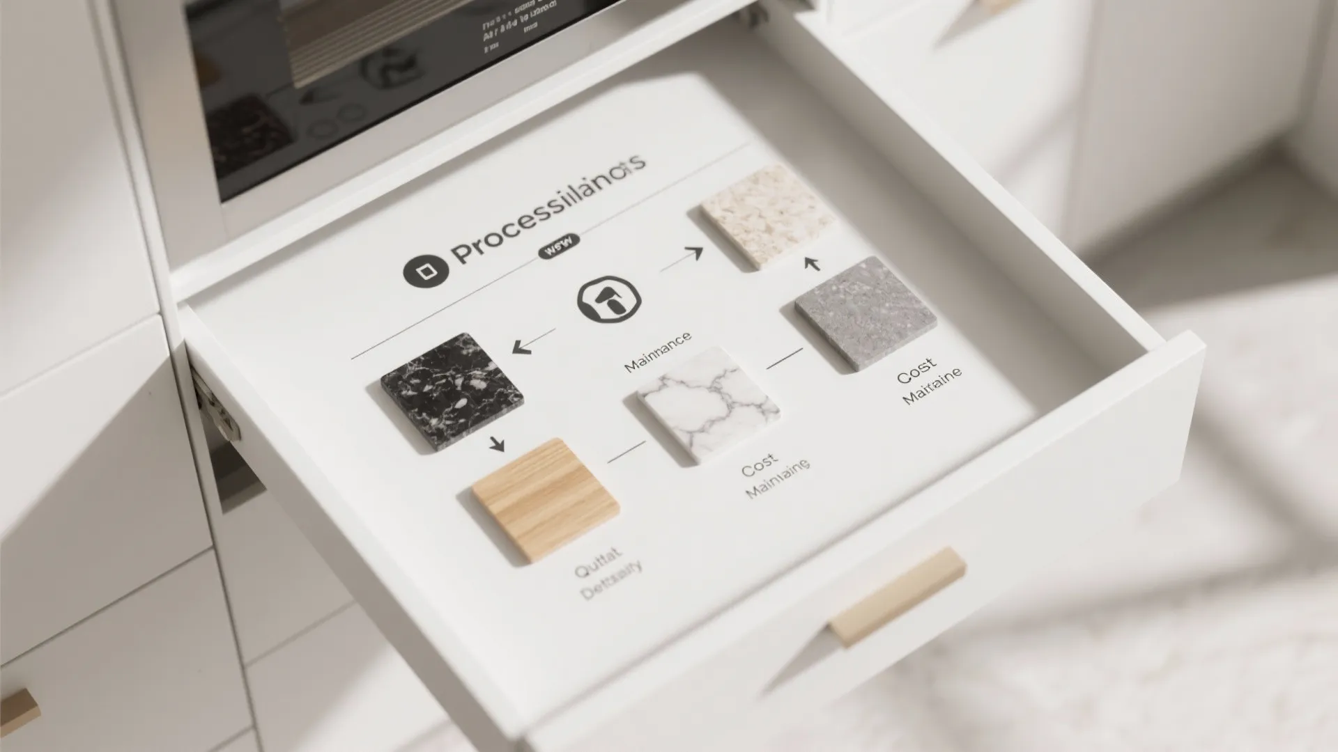 Flowchart inside a white drawer showing a five step process for choosing different countertop materials