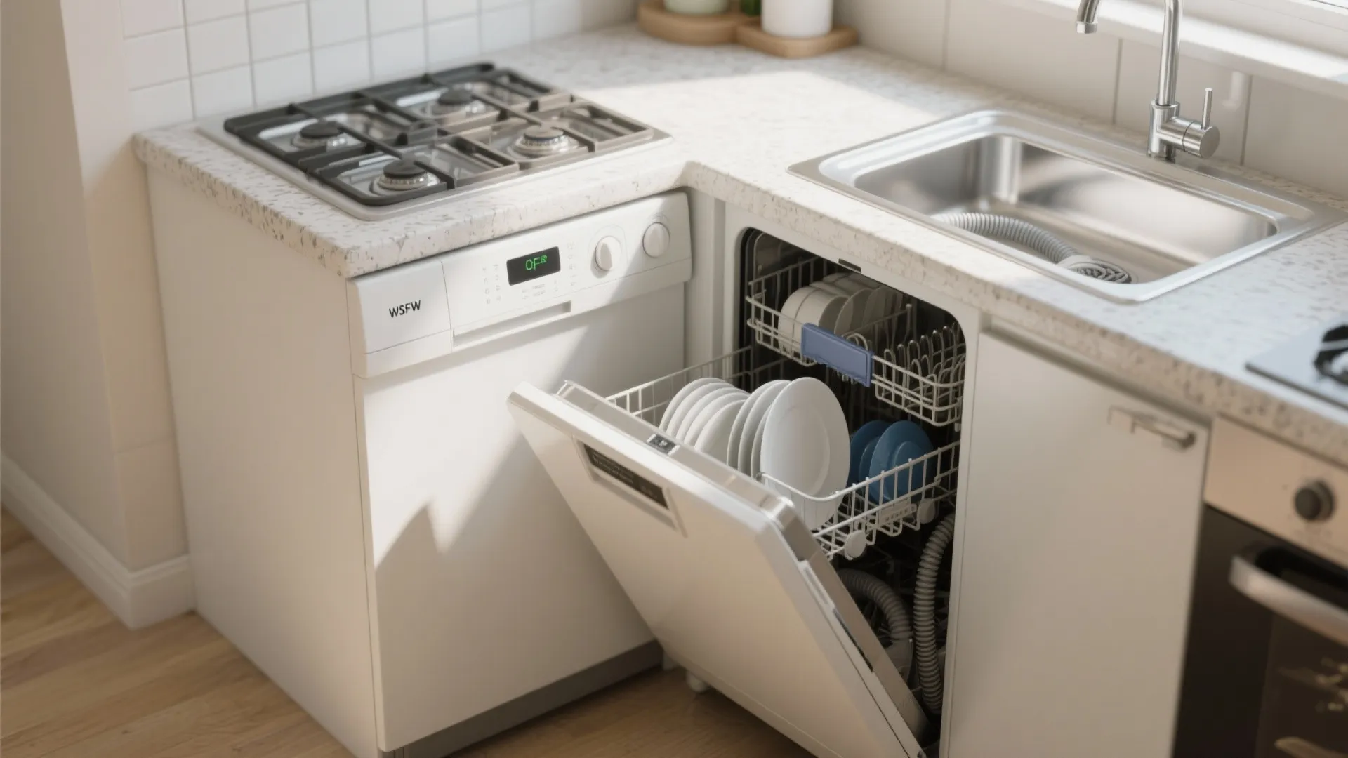 Compact white dishwasher placed on kitchen counter next to sink and stove for small spaces