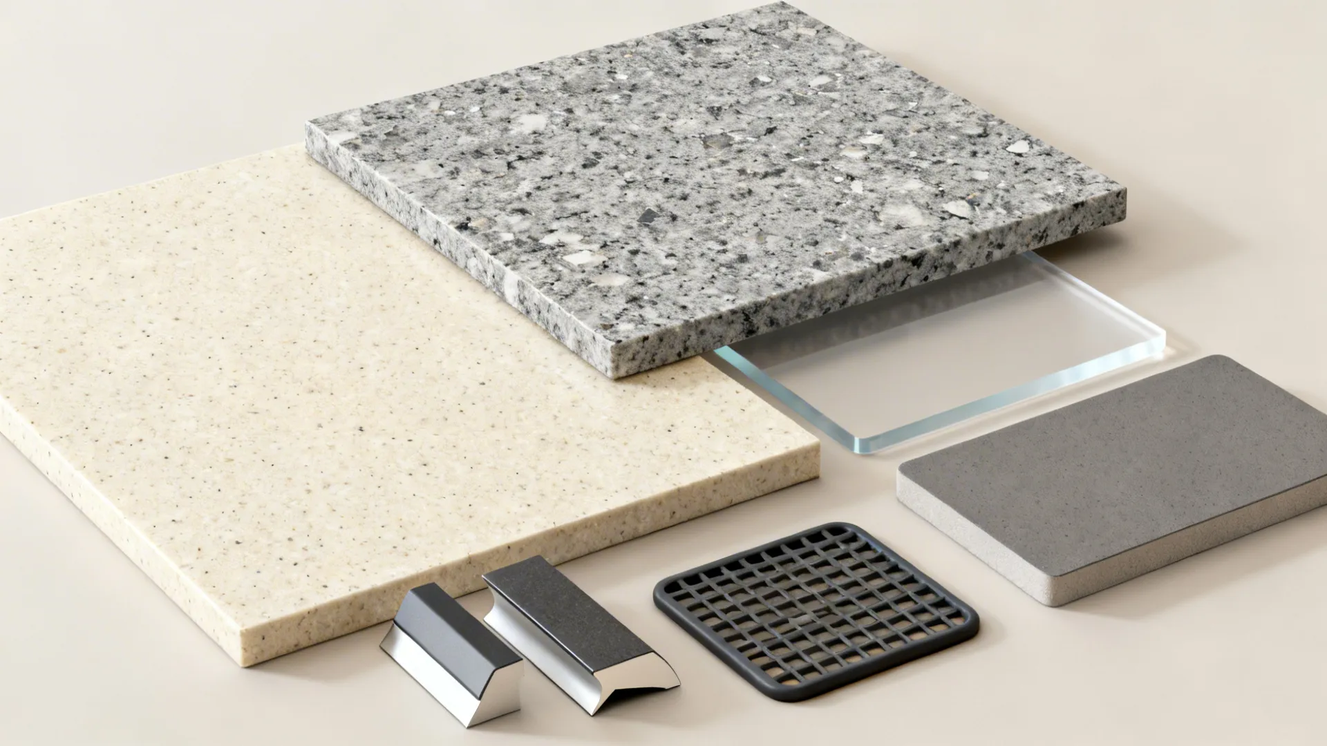 Flat lay of quartz, granite, and acrylic countertop samples with edge profiles.