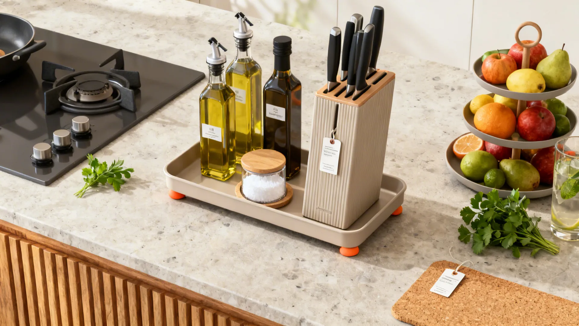 Flat-lay of tray with oils, tiered fruit stand, and a slim knife block on a stone counter.