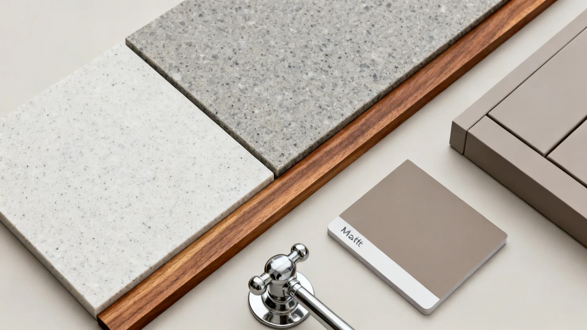 Warm wood edge accents on a stone slab