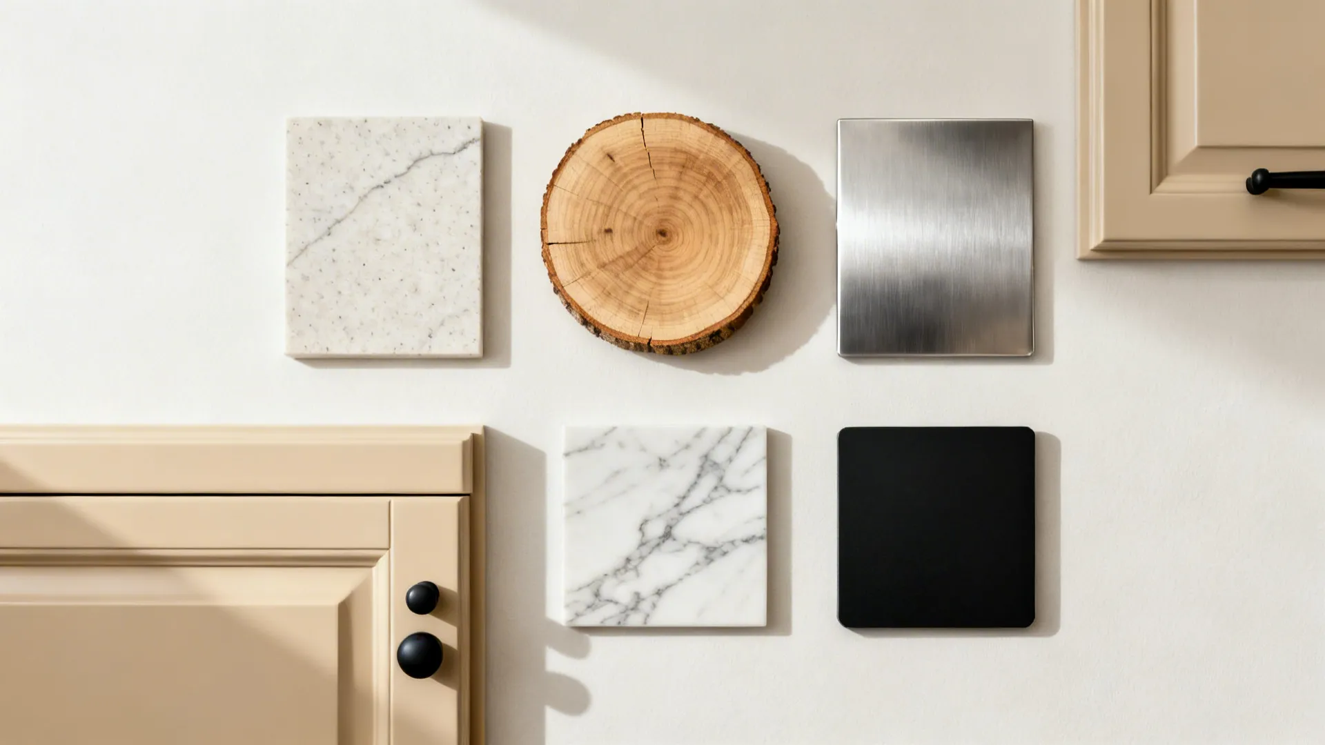 Material samples of stone wood metal and marble arranged on white surface with beige kitchen cabinets