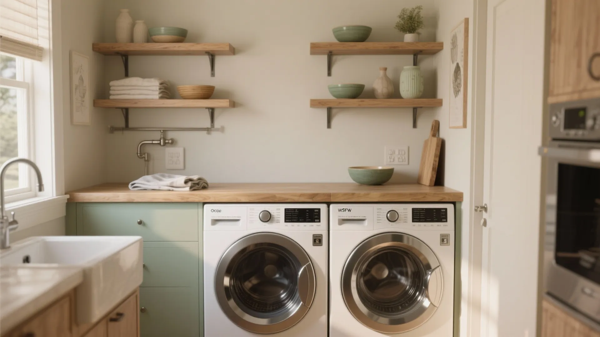 Laundry room with wood countertop over washer and dryer with floating wall shelves and sink