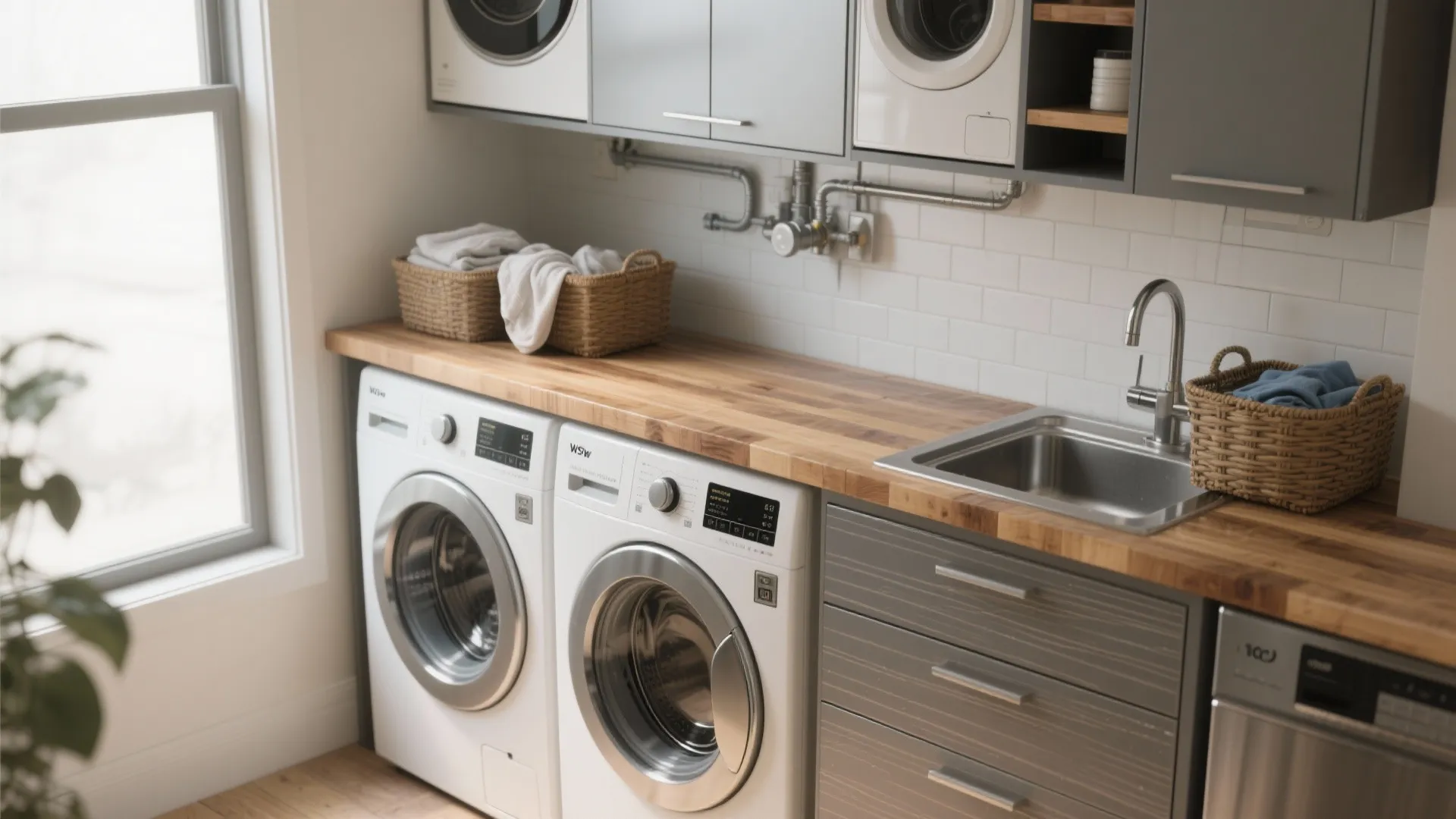 Laundry room layout with two white washing machines under a wood countertop and grey cabinets