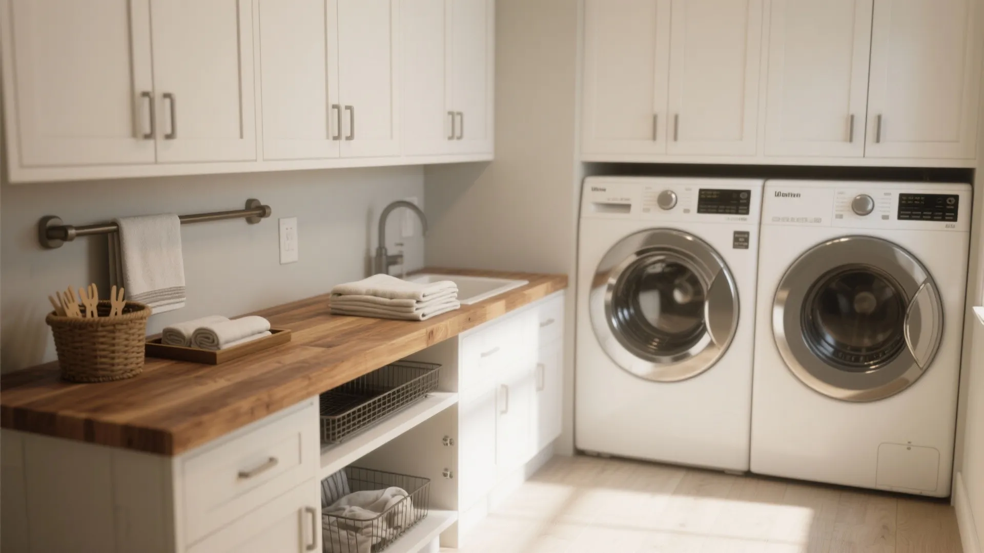 White laundry room featuring wood countertop, sink, towel, and two washing machines under white cabinets