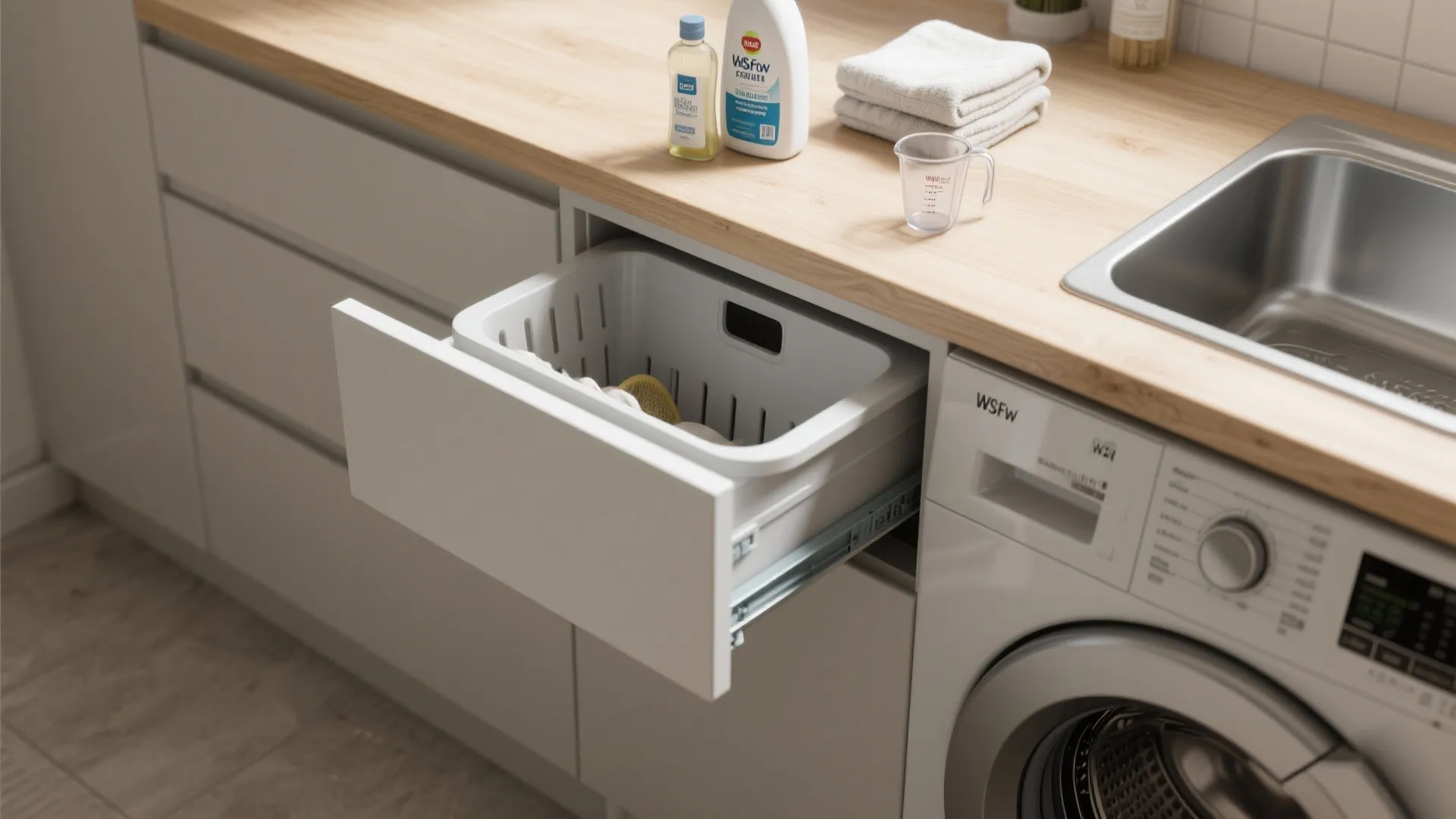 3. Multi-Use Countertops and Drop-In Hampers