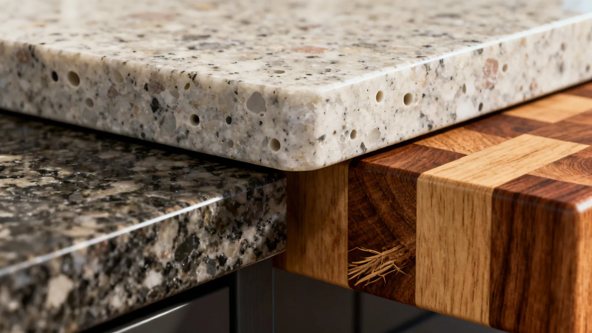 Close up of three kitchen countertop materials featuring light stone dark granite and wood texture