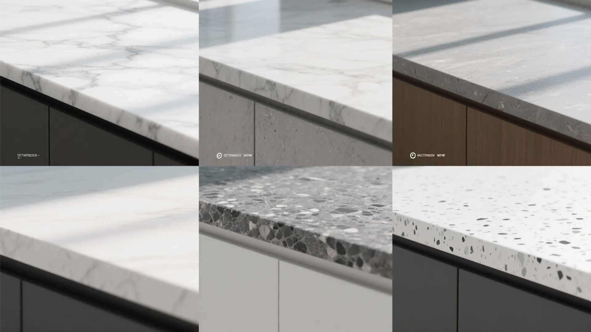 Six different kitchen countertop material options including white marble and grey stone for home design