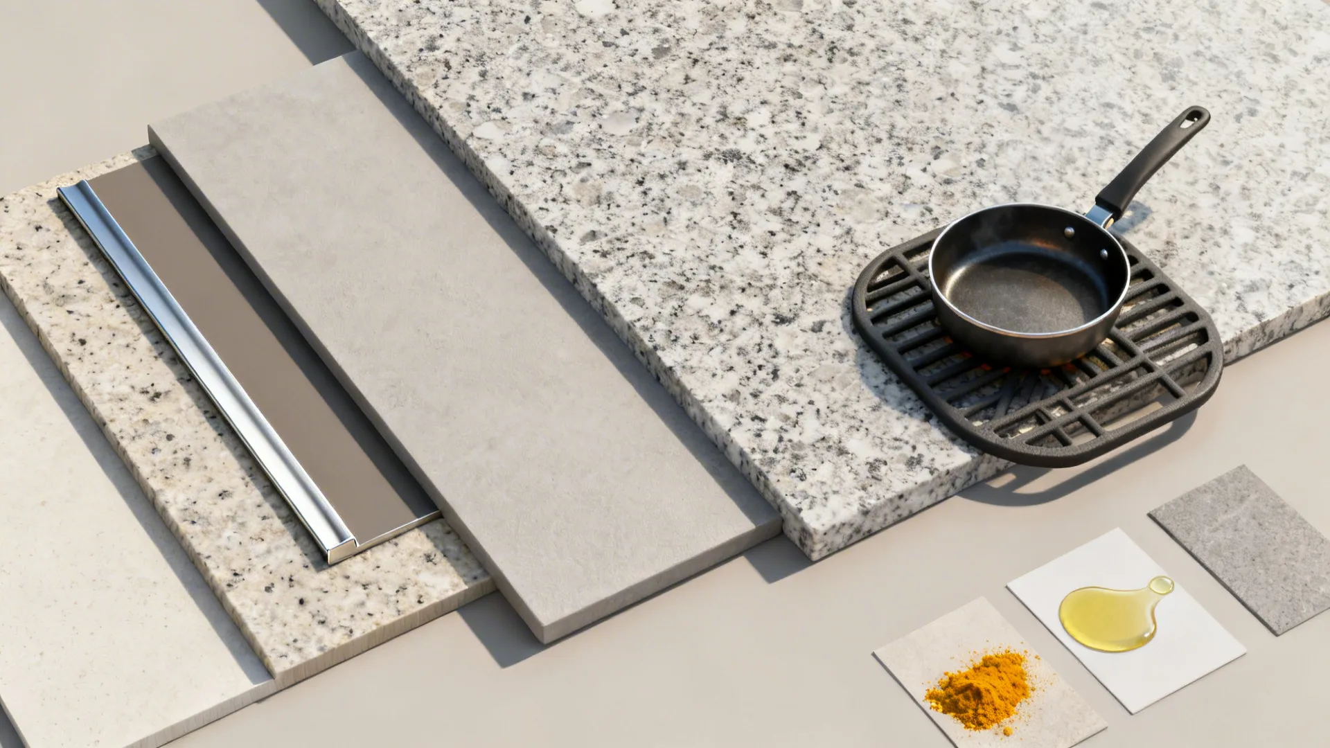 Flat lay of quartz, granite, matte laminate swatches with a trivet and hot pan.